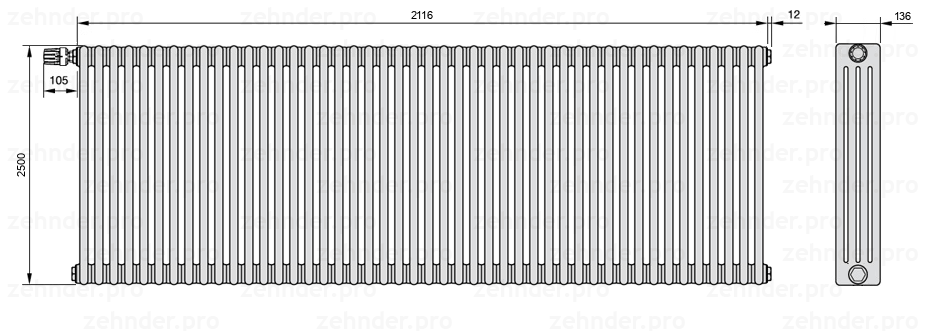 Схема (чертеж) Радиатор Zehnder Charleston 4250/46 №V011 Белый глянцевый RAL 9016